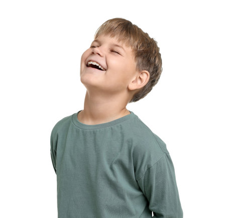 Portrait of cute little boy on white backgroundの写真素材