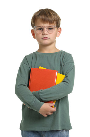 Cute boy with books on white backgroundの写真素材