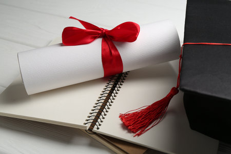 Graduation cap, diploma and notebooks on white wooden table, closeupの写真素材