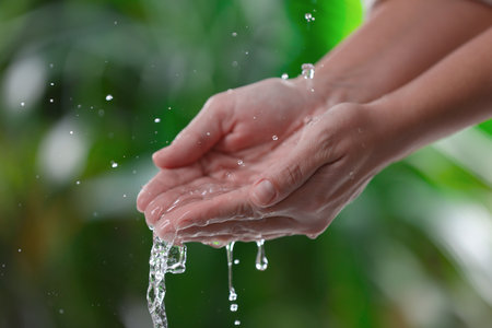 Woman splashing water on blurred green background, closeupの写真素材