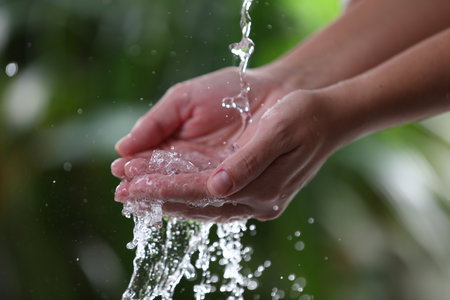 Woman splashing water on blurred green background, closeupの写真素材