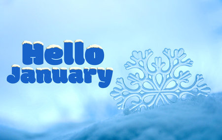 Hello January. Winter time card with decorative snowflake in snowの写真素材