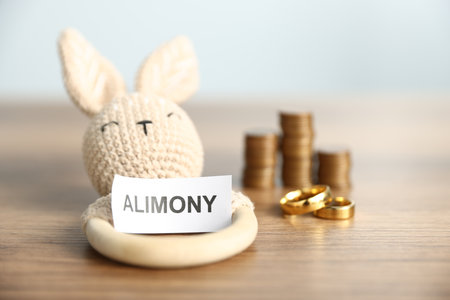 Paper note with word Alimony, teething toy, coins and engagement rings on wooden table against light gray background, selective focusの写真素材