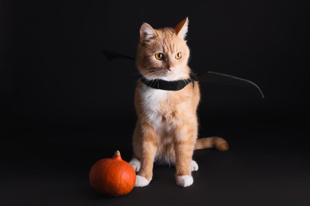 Halloween celebration. Cute cat with bat wings and pumpkin on black backgroundの写真素材