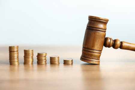 Alimony. Judge's gavel and stacked coins on wooden table against light gray background, closeupの写真素材