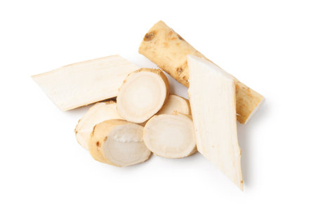 Fresh raw horseradish roots isolated on white, top viewの写真素材