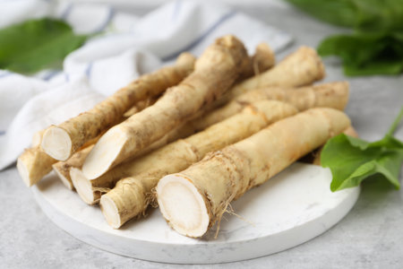Fresh raw horseradish roots and leaves on light gray table, closeupの写真素材
