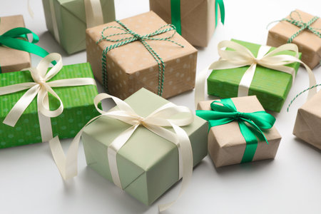 Beautiful Christmas gifts on white background, closeupの写真素材