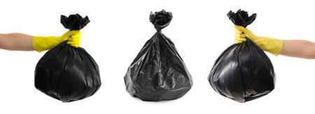 Set of black plastic bags full of garbage isolated on whiteの写真素材