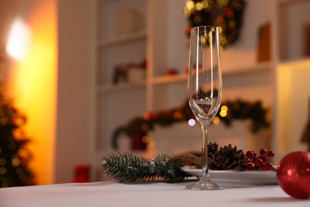 Festive table setting with Christmas decor indoors, closeup. Space for textの写真素材