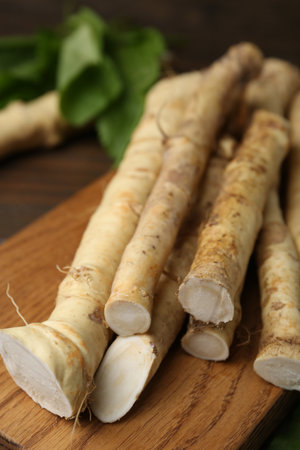Fresh raw horseradish roots and leaves on wooden table, closeupの写真素材