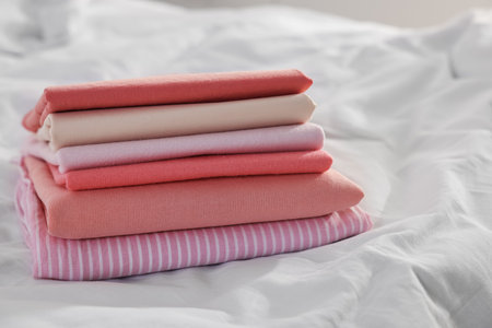 Stack of clean clothes on bed indoors, closeup. Space for textの写真素材