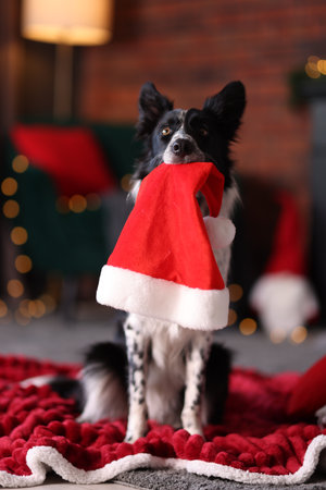 Cute dog with Santa hat at home. Christmas atmosphereの写真素材