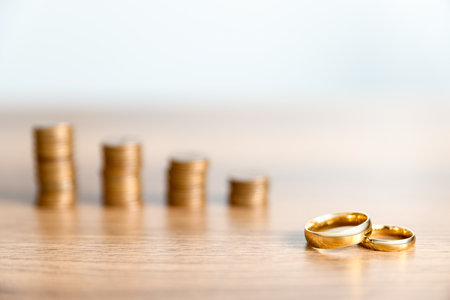 Alimony. Engagement rings and stacked coins on wooden table against light gray background, selective focusの写真素材