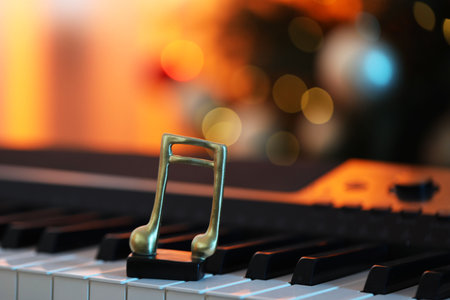Golden music note on piano against blurred Christmas lights, closeup. Bokeh effect
