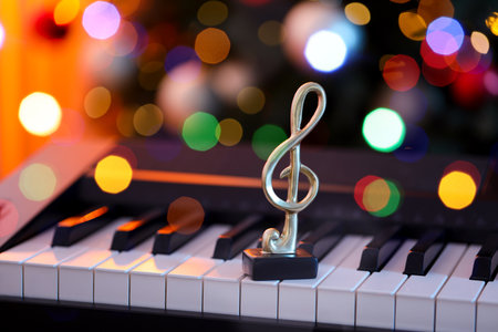 Golden treble clef on piano against blurred Christmas lights, space for text. Bokeh effectの写真素材