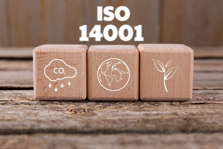 Environmental management systems. Cubes with different icons on wooden tableの写真素材