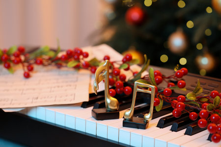 Golden music notes, sheets and Christmas decor on piano indoors, closeup. Bokeh effectの写真素材