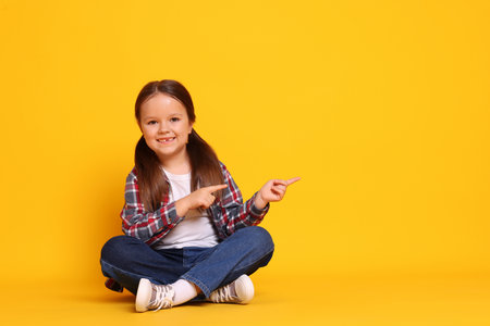 Cute little girl pointing at something on yellow background, space for textの写真素材