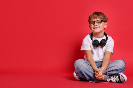 Cute boy with headphones on red background, space for textの写真素材
