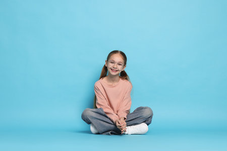 Cute girl in glasses on light blue backgroundの写真素材