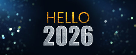 Merry Christmas and Happy New Year! Hello 2026 against dark blue background with bokeh lightsの写真素材