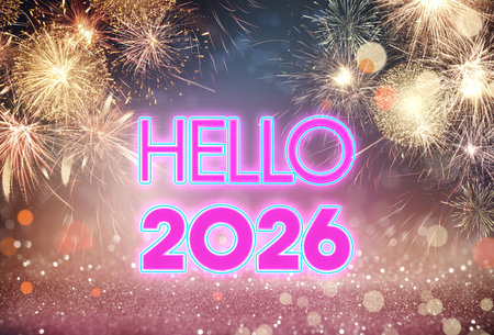Merry Christmas and Happy New Year! Hello 2026 greeting card with glitter, fireworks and bokeh lightsの写真素材