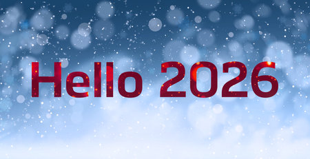 Merry Christmas and Happy New Year! Hello 2026, falling snow and bokeh lights on cardの写真素材