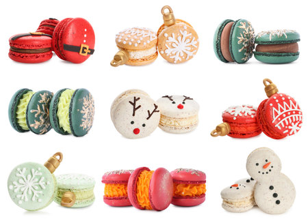 Christmas cookies. Festive macarons isolated on white, setの写真素材