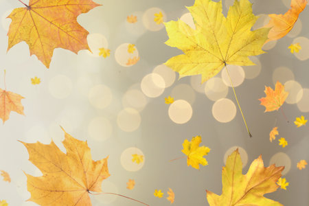 Golden autumn leaves falling against blurred background with lights, bokeh effect