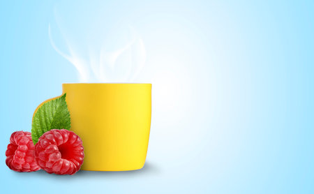 Hot beverage in cup and fresh raspberries on light blue background. Immunity boosting drink for cold...