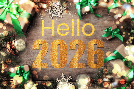 Merry Christmas and Happy New Year! Hello 2026 card with gift boxes and decor on wooden background