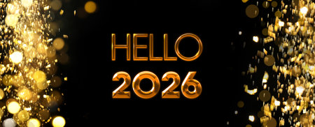 Merry Christmas and Happy New Year! Hello 2026 against and falling golden glitter black background with bokeh lightsの写真素材