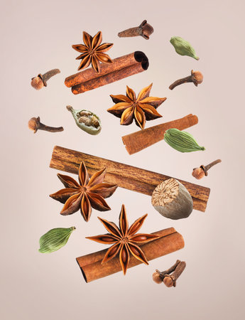 Christmas spices falling on gray background. Anise, cinnamon, cloves, nutmeg and cardamomの写真素材