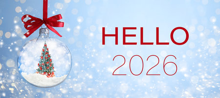 Merry Christmas and Happy New Year! Hello 2026, festive ornament and bokeh lights on card
