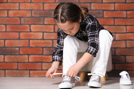 Little girl trying on different shoes near brick wall indoors. Space for textの写真素材