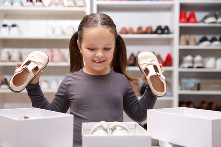 Little girl choosing stylish shoes at shopの写真素材