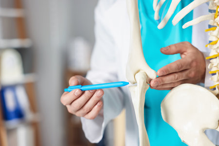Doctor with human skeleton model in hospital, closeupの写真素材