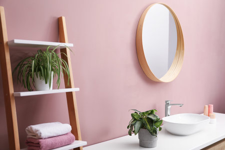 Stylish bathroom interior with mirror, vessel sink and houseplantsの写真素材