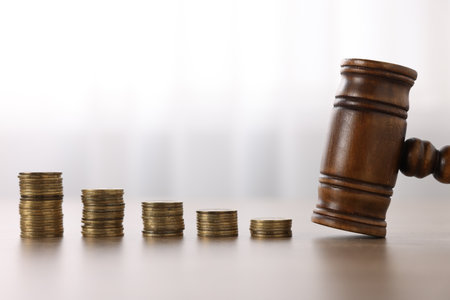 Alimony. Judge's gavel and coins on wooden table, closeupの写真素材