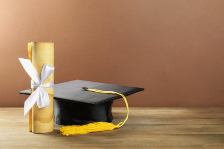 Graduation cap and diploma on wooden table against brown background. Space for textの写真素材