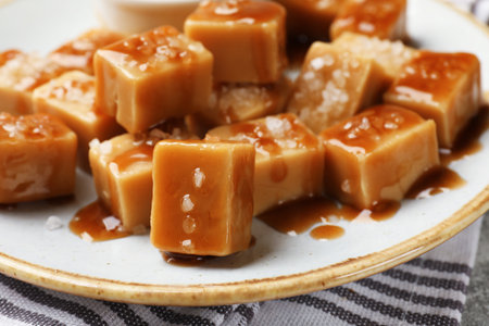 Tasty candies with salt and caramel sauce on table, closeupの写真素材