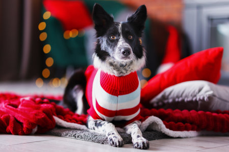 Cute dog in beautiful sweater at home. Christmas atmosphereの写真素材