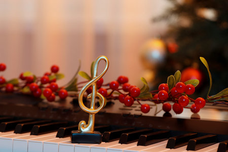 Golden treble clef and Christmas decor on piano indoors, closeupの写真素材