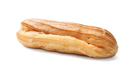 Tasty eclair with powdered sugar isolated on white