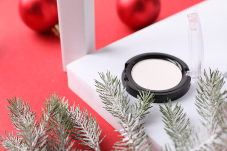 Stylish presentation of eyeshadow and fir branches on red background, closeup. Christmas presentの写真素材