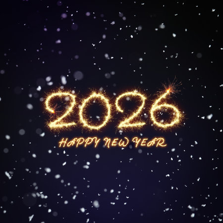 Happy New Year 2026 greeting card with snow on dark background