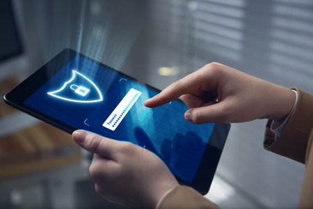 Cyber security and data protection concept. Woman using tablet computer, closeup. Password box,...