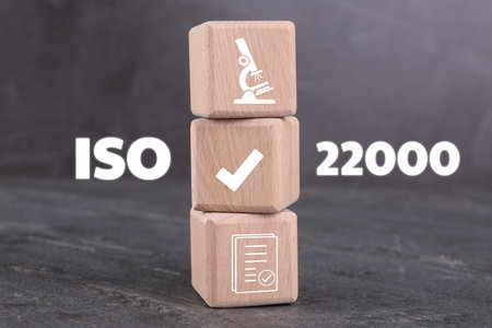 ISO 22000 Food safety management systems. Wooden cubes with different icons on gray tableの写真素材