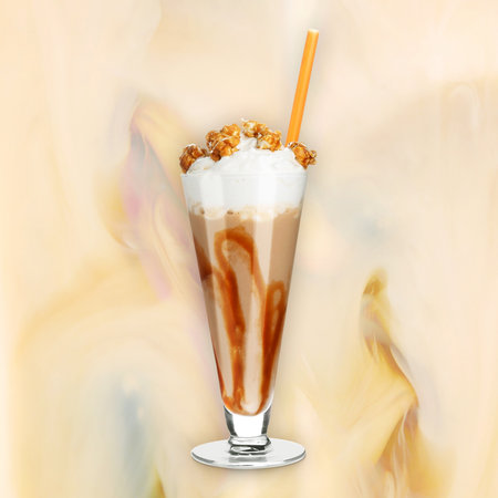 Yummy coffee drink with sweet popcorn and caramel syrup, posterの写真素材